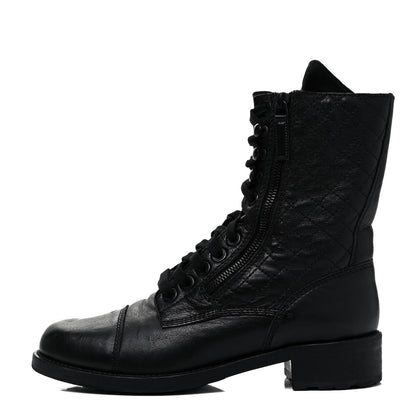 Chanel Calfskin Quilted Lace Up Combat Boots 39 Black 1 of 7