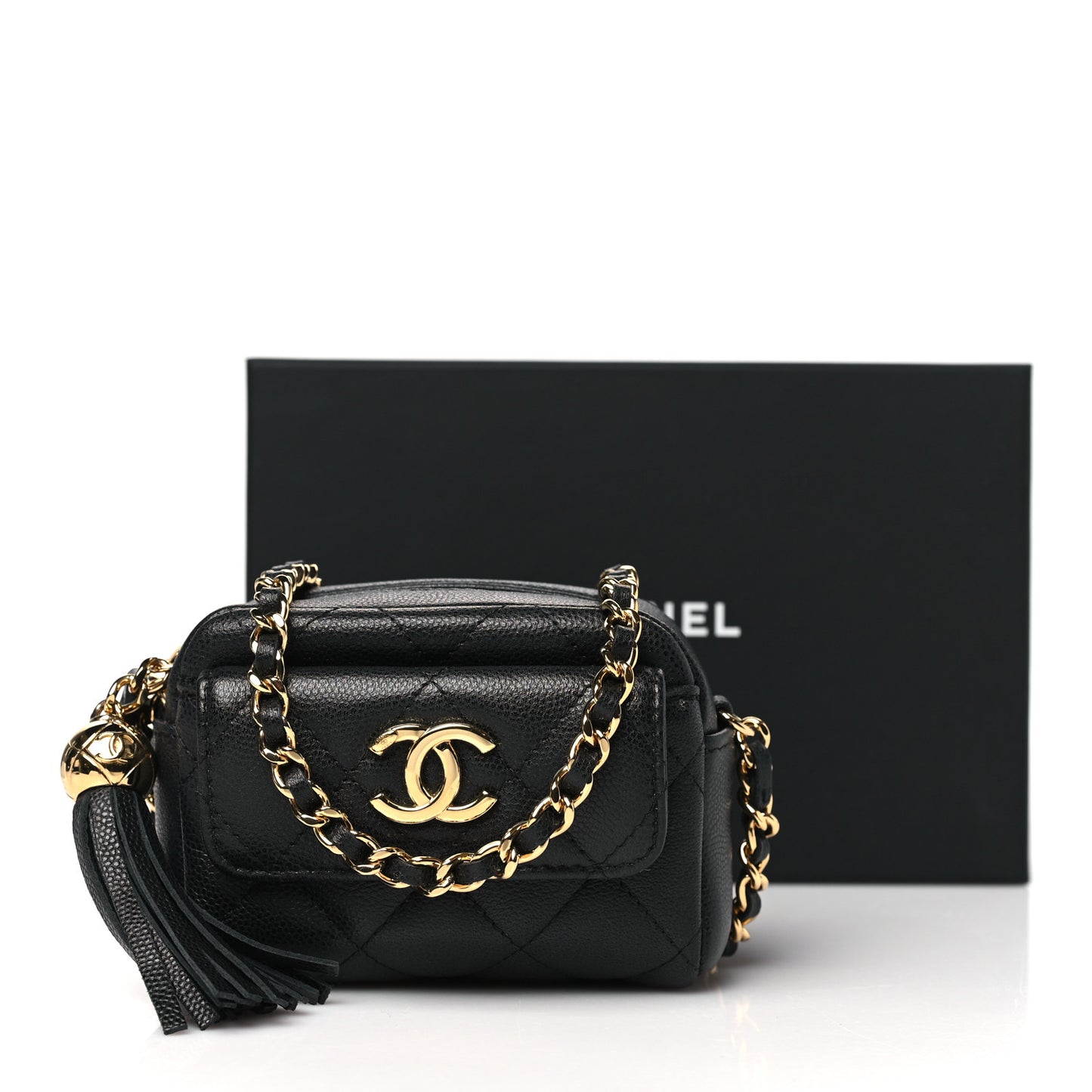 Caviar Quilted Paris Hangzhou Tassel Mini Camera Case Black
