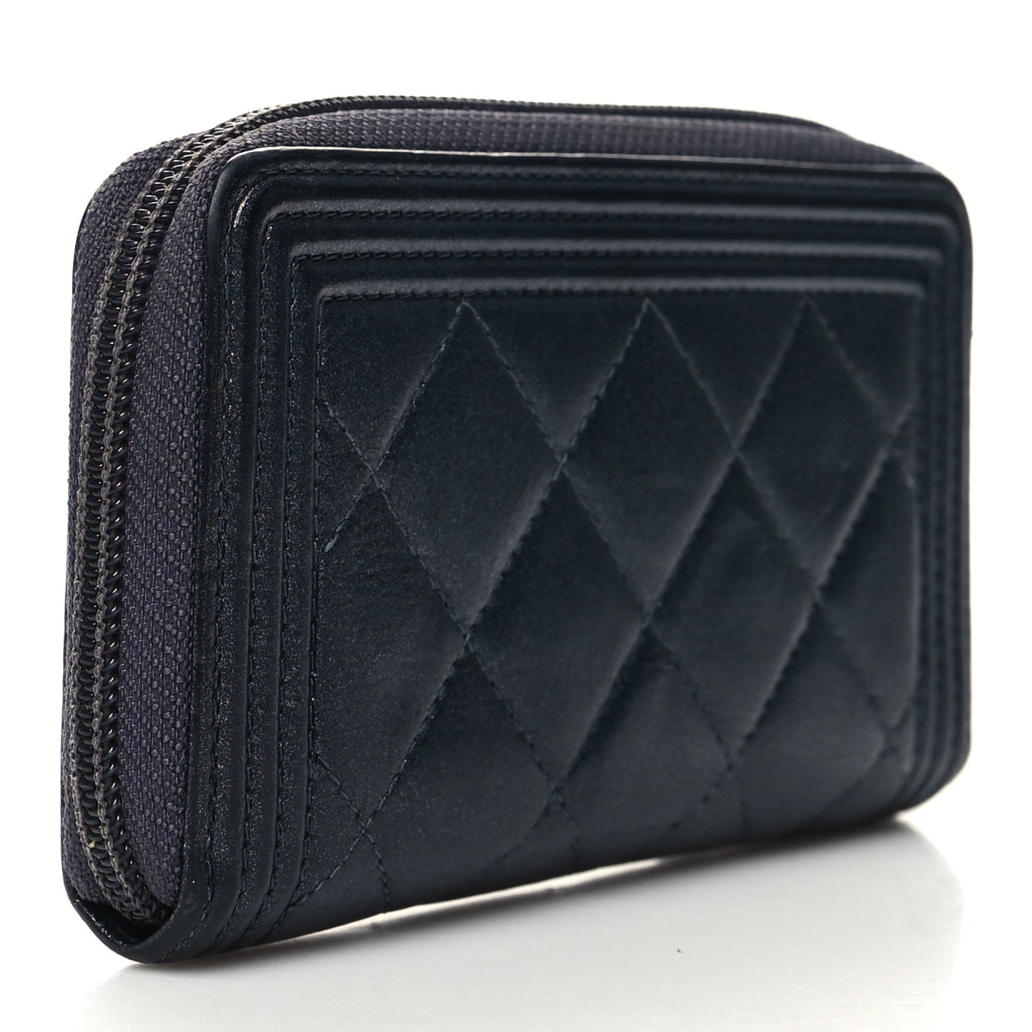Metallic Calfskin Quilted Small Boy Zip Around Wallet Charcoal