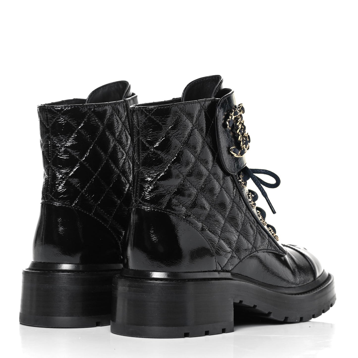 Shiny Calfskin Quilted Lace Up Combat Boots 36 Black