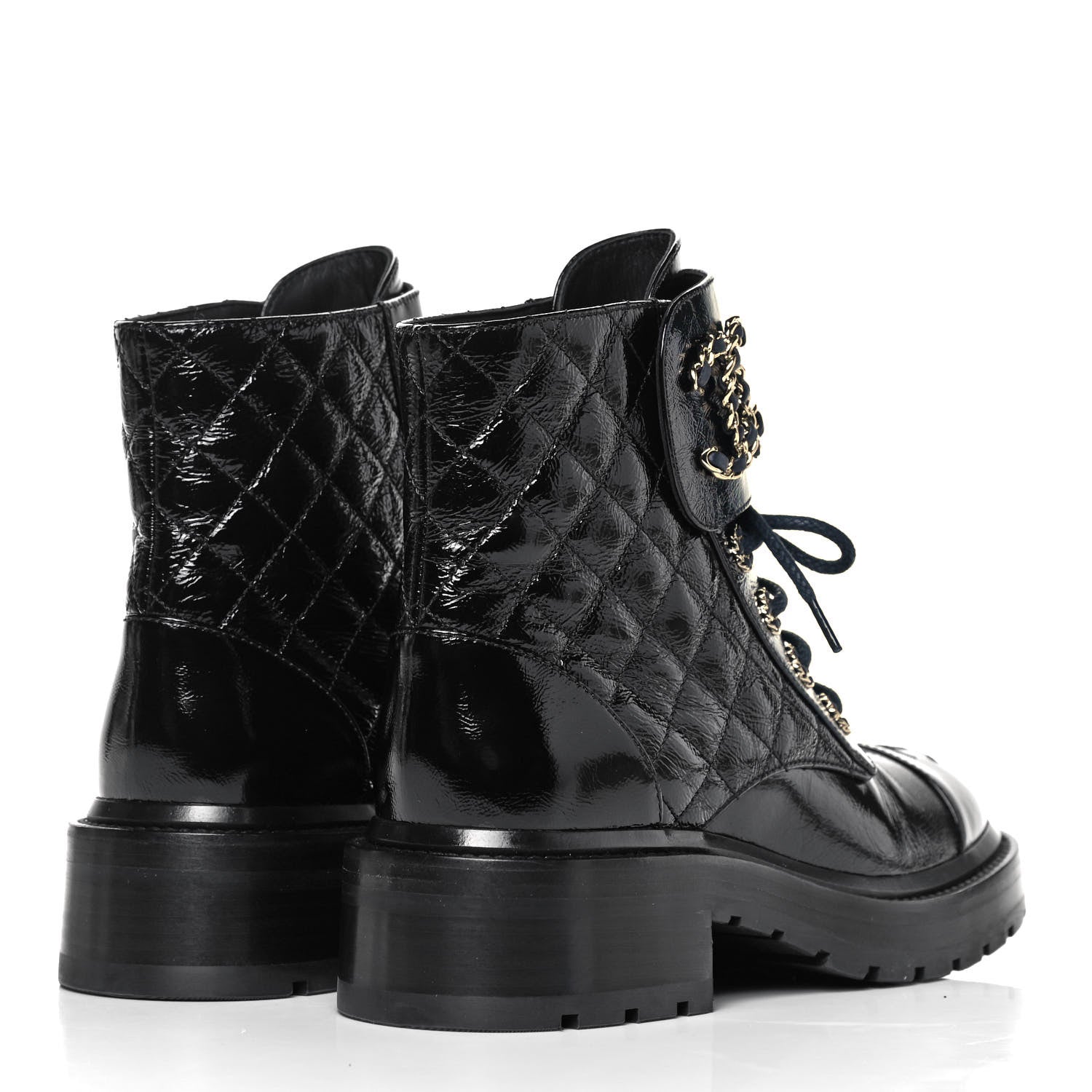 Chanel Shiny Calfskin Quilted Lace Up Combat Boots 36 Black 4 of 7
