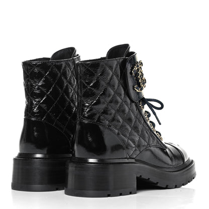 Chanel Shiny Calfskin Quilted Lace Up Combat Boots 36 Black 4 of 7