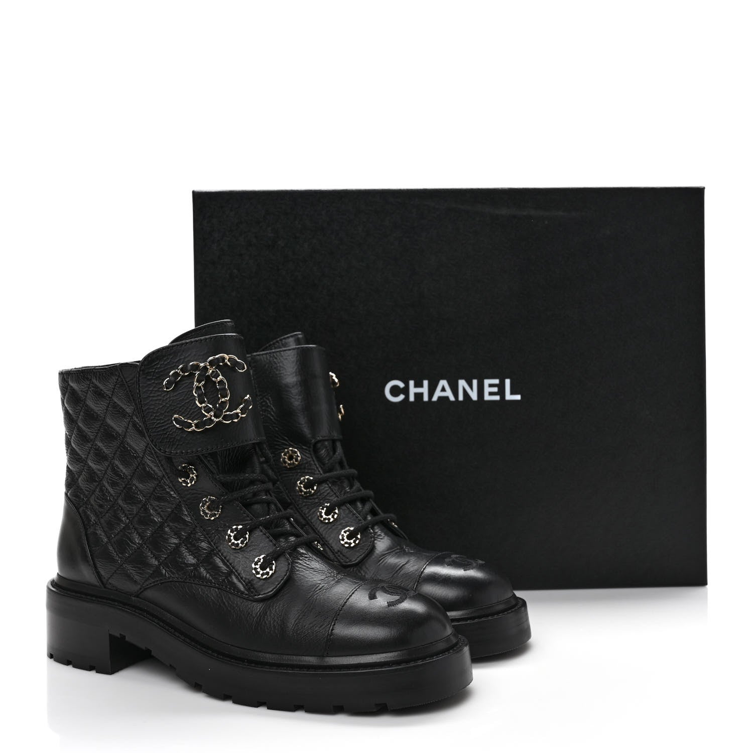 Chanel Shiny Goatskin Calfskin Quilted Lace Up Combat Boots 39 Black 9 of 9