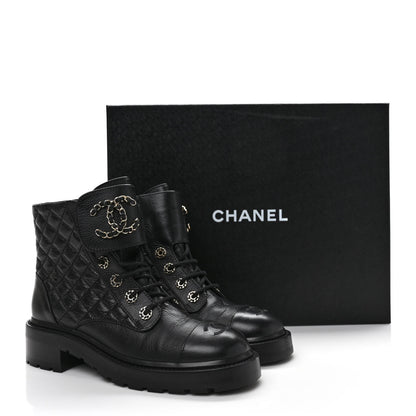 Chanel Shiny Goatskin Calfskin Quilted Lace Up Combat Boots 39 Black 9 of 9
