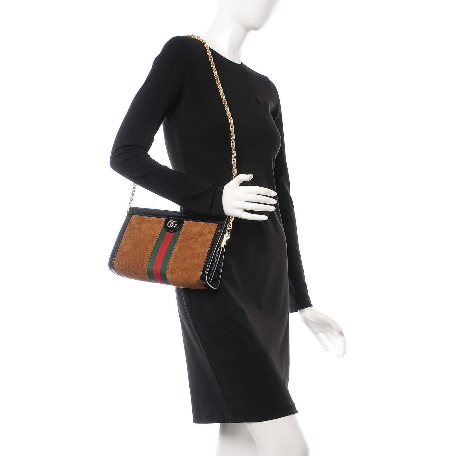 Gucci Suede Patent Web Small Ophidia Chain Shoulder Bag Nocciola Black 2 of 8