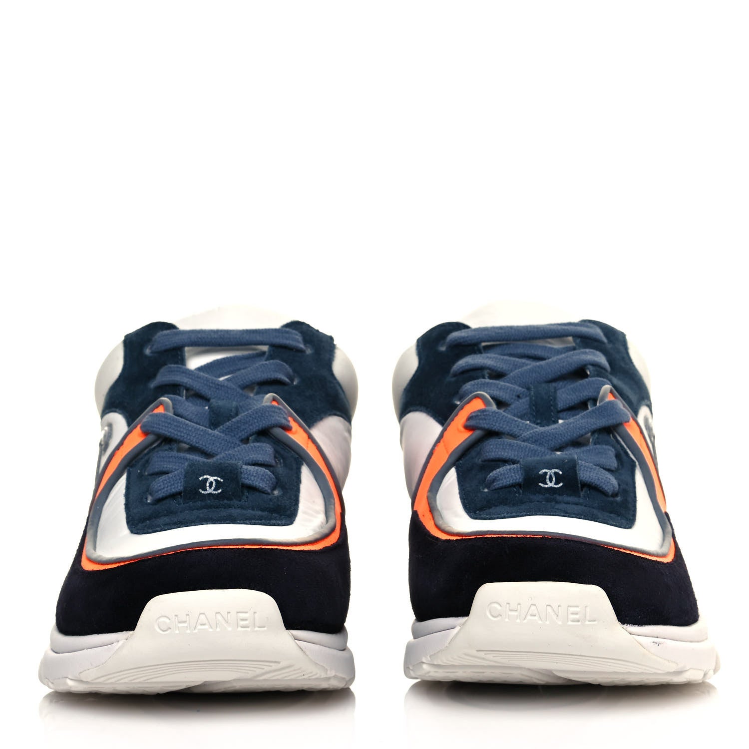 Chanel Nylon Calfskin Suede CC Womens Sneakers 35.5 Navy White Orange 2 of 8
