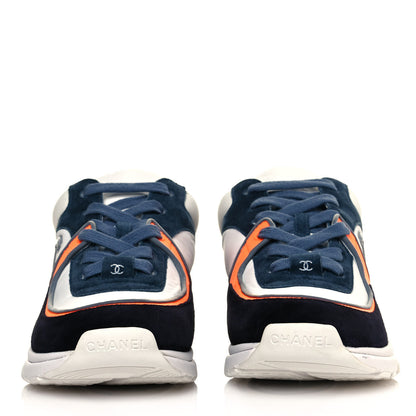 Chanel Nylon Calfskin Suede CC Womens Sneakers 35.5 Navy White Orange 2 of 8
