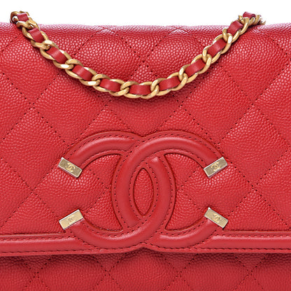 Chanel Caviar Quilted CC Filigree Wallet On Chain WOC Red 9 of 11