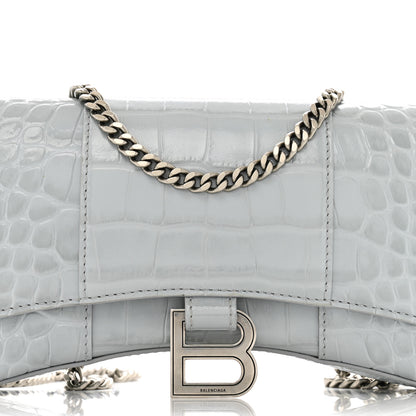 Balenciaga Shiny Metallic Calfskin Crocodile Embossed Hourglass Chain Bag Ash Blue 7 of 11