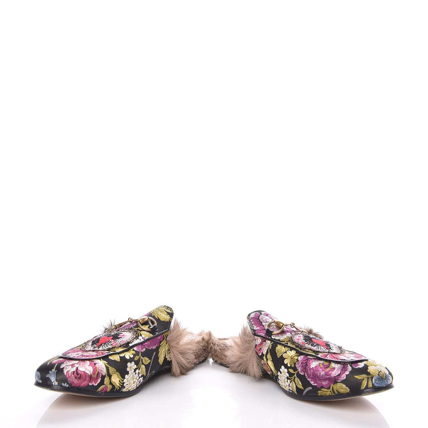Jacquard Fur Floral Embroidered Womens Princetown Slippers 38.5 Black Multicolor