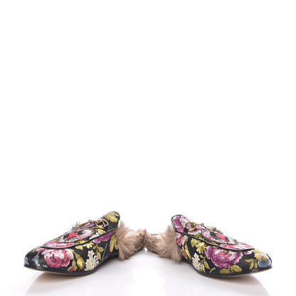 Gucci Jacquard Fur Floral Embroidered Womens Princetown Slippers 38.5 Black Multicolor 6 of 16