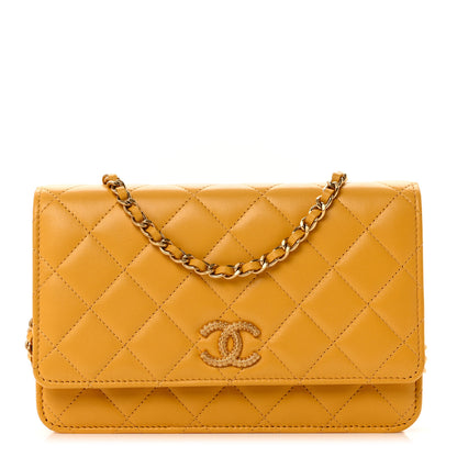 Chanel Lambskin Quilted Studded CC Wallet On Chain WOC Yellow 1 of 8