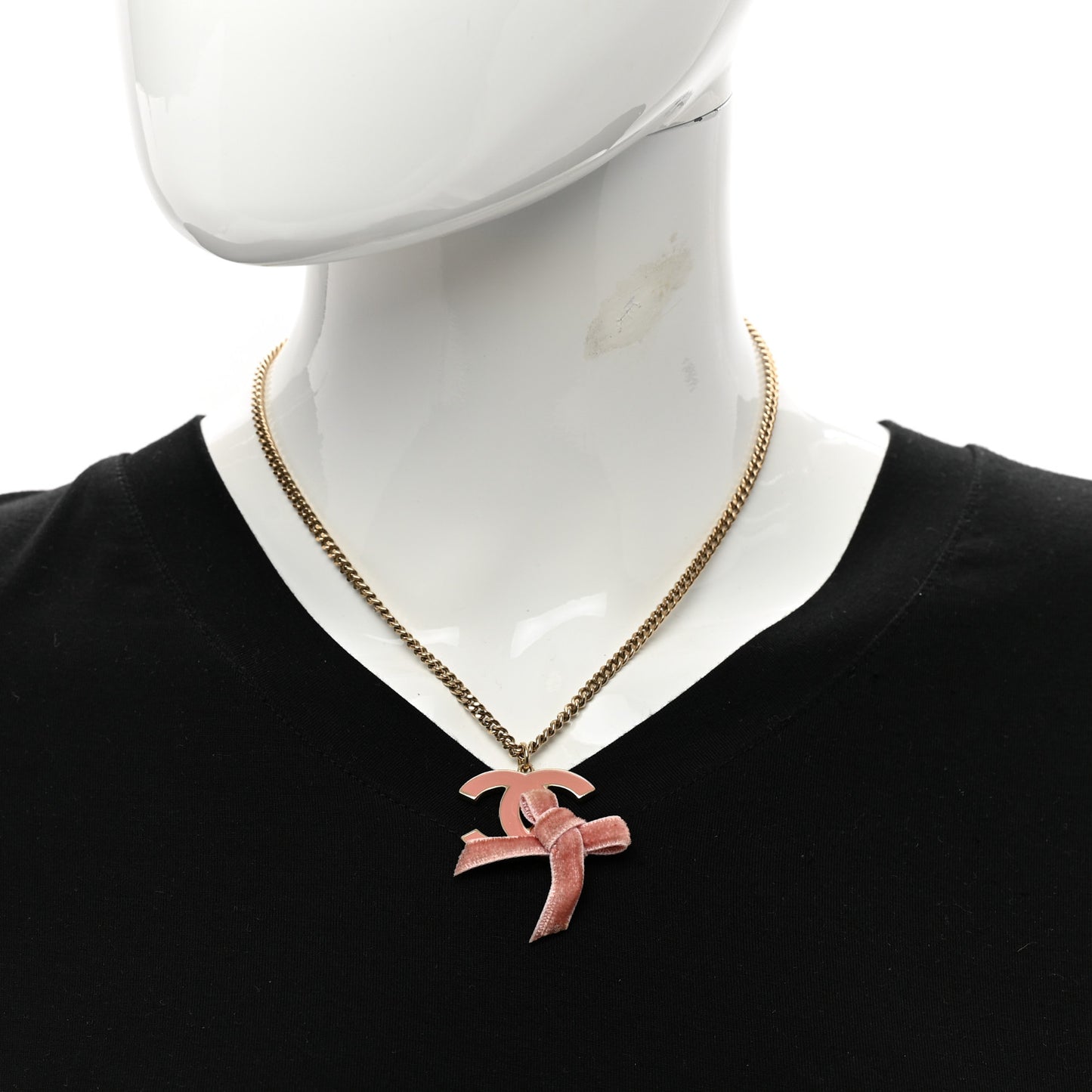Metal Enamel Velvet CC Bow Necklace Gold Pink