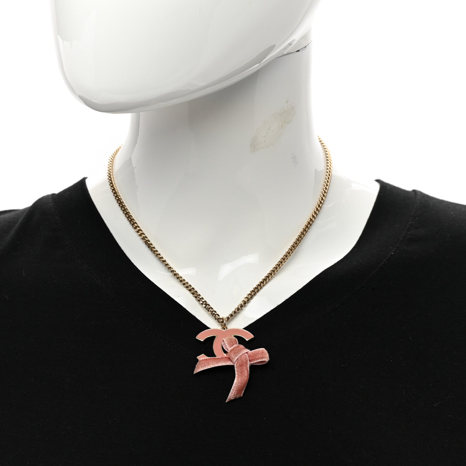 Chanel Metal Enamel Velvet CC Bow Necklace Gold Pink 2 of 4