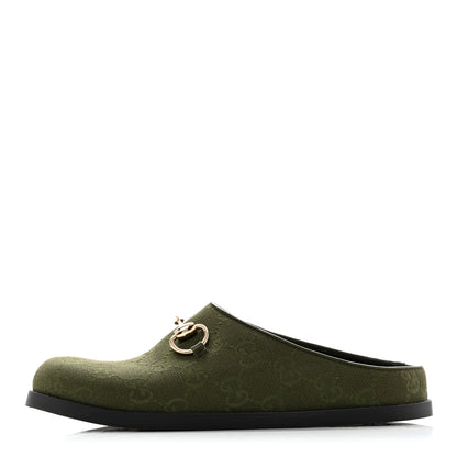 Gucci New Canvas Monogram GG Granada Kid Womens Horsebit Mules 35.5 Green 1 of 10