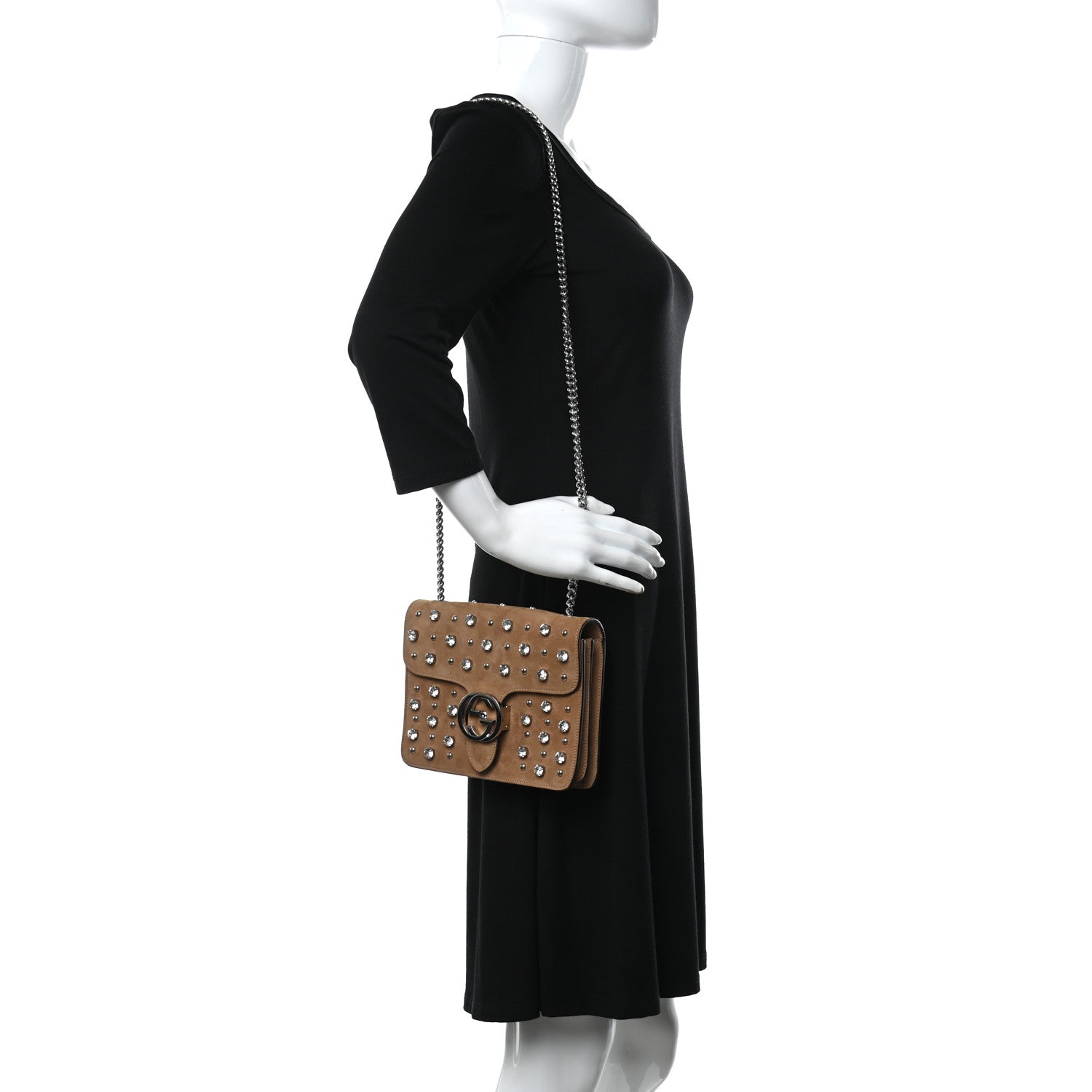 Gucci Suede Crystal Small Interlocking G Shoulder Bag Taupe 2 of 14