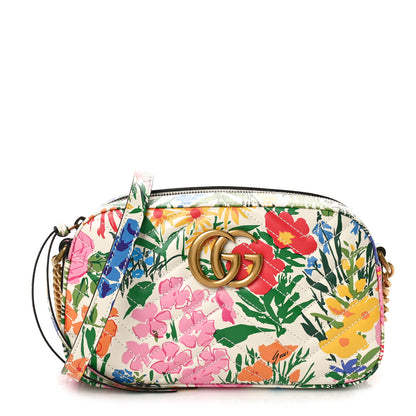 Gucci X KEN SCOTT Calfskin Matelasse Floral Print Small GG Marmont Chain Shoulder Bag Ivory Pink 1 of 9