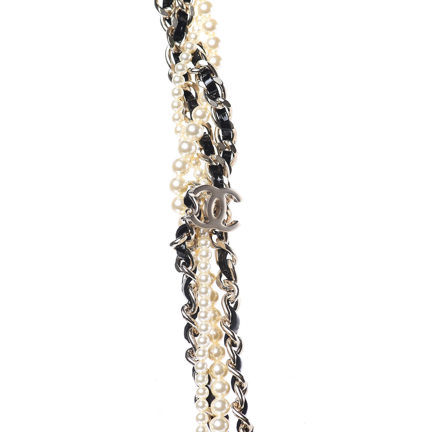 Glazed Calfskin Pearl CC Chain Necklace Black Gold