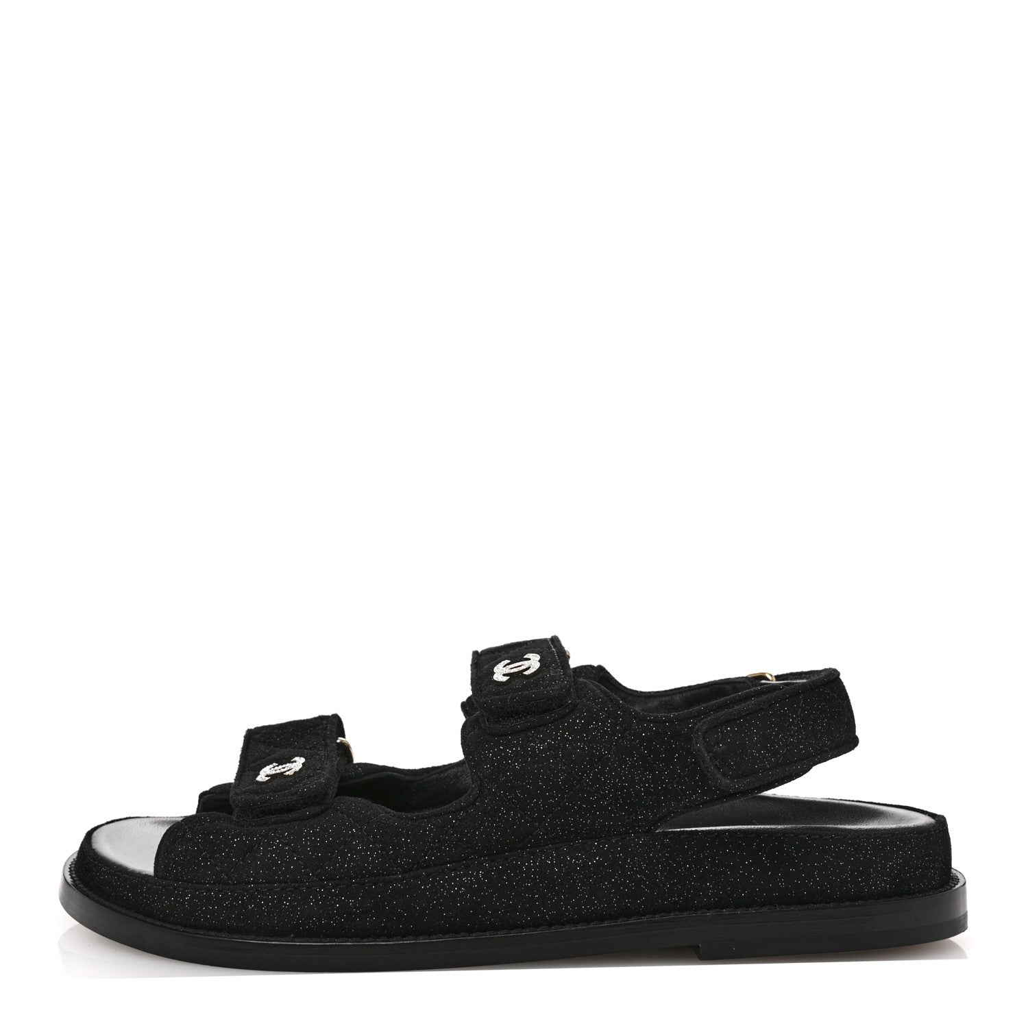 Chanel Suede Kidskin Glitter Crystal Velcro Dad Sandals 38 Black Silver 1 of 9