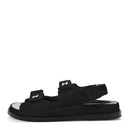 Chanel Suede Kidskin Glitter Crystal Velcro Dad Sandals 38 Black Silver 1 of 9