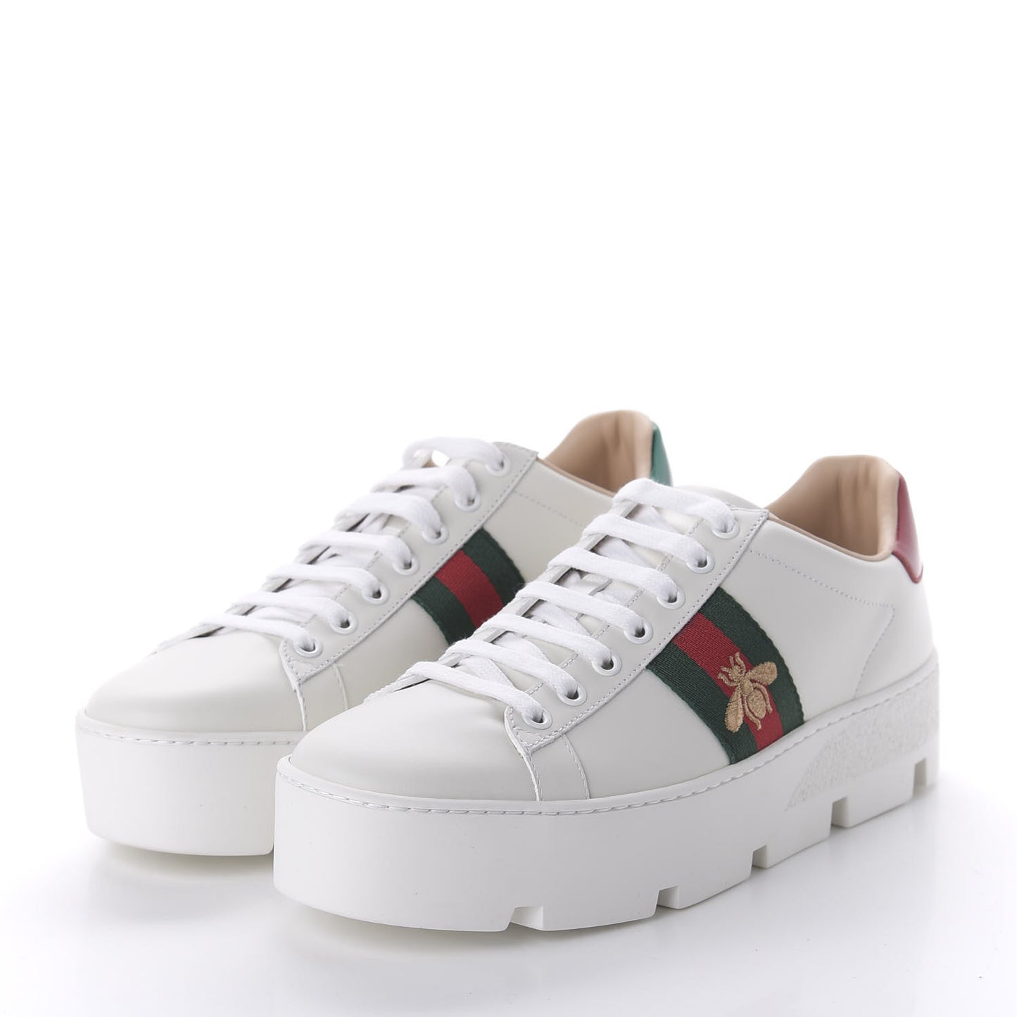 Calfskin Web Bee Embroidered Womens Ace Platform Sneakers 38.5 White