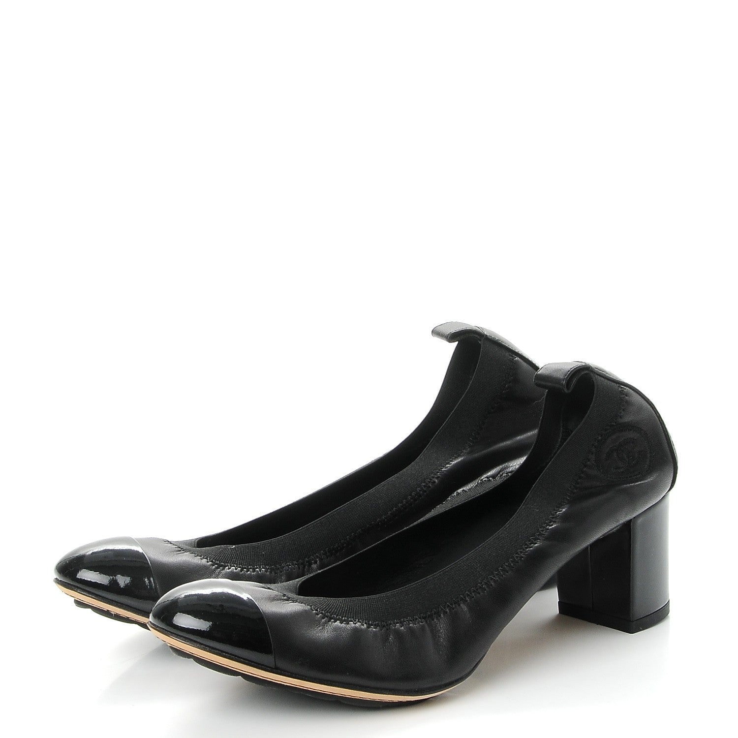 Chanel Lambskin Patent CC Elastic Stretch Pumps 38 Black 3 of 8