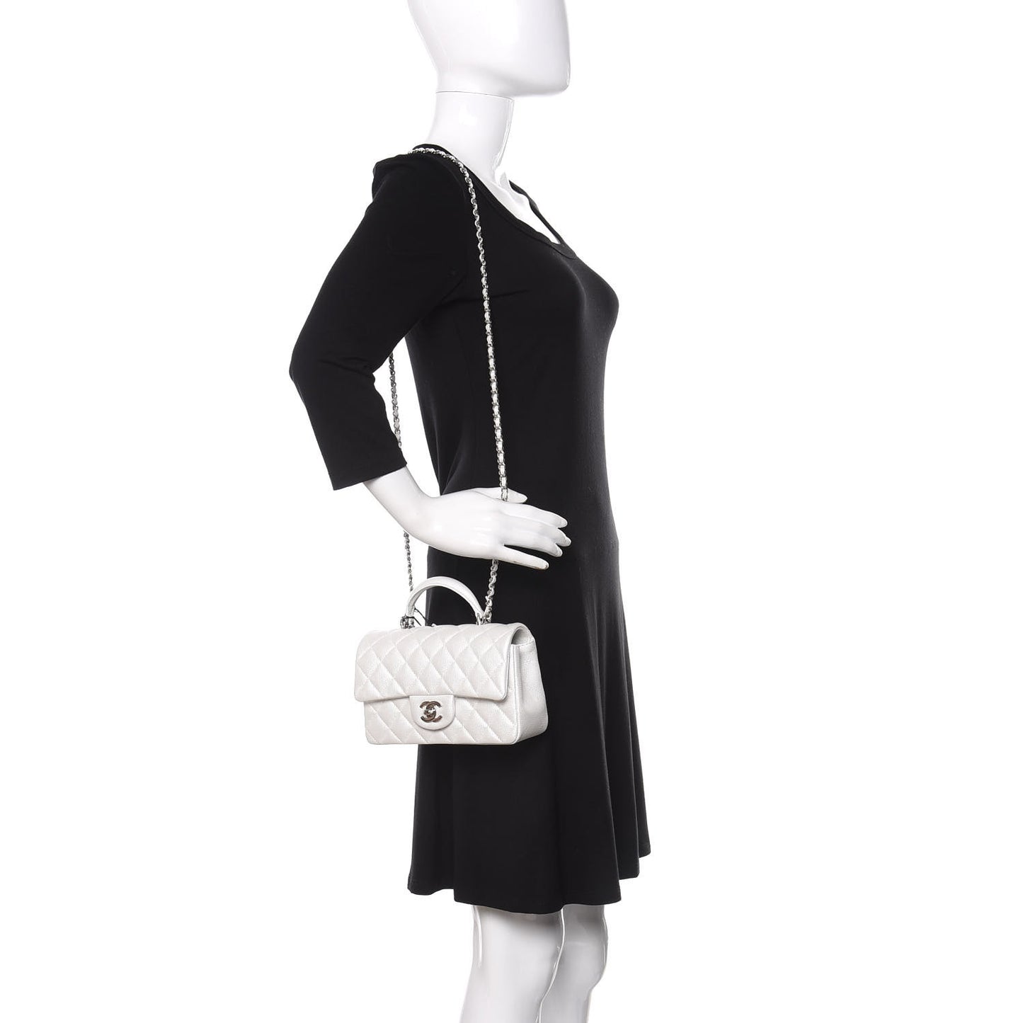 Iridescent Caviar Quilted Mini Top Handle Rectangular Flap White