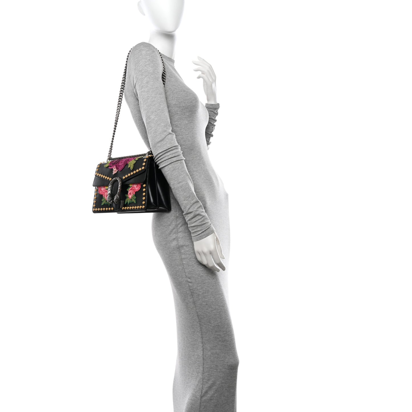 Calfskin Floral Embroidered Studded Small Dionysus Shoulder Bag Black