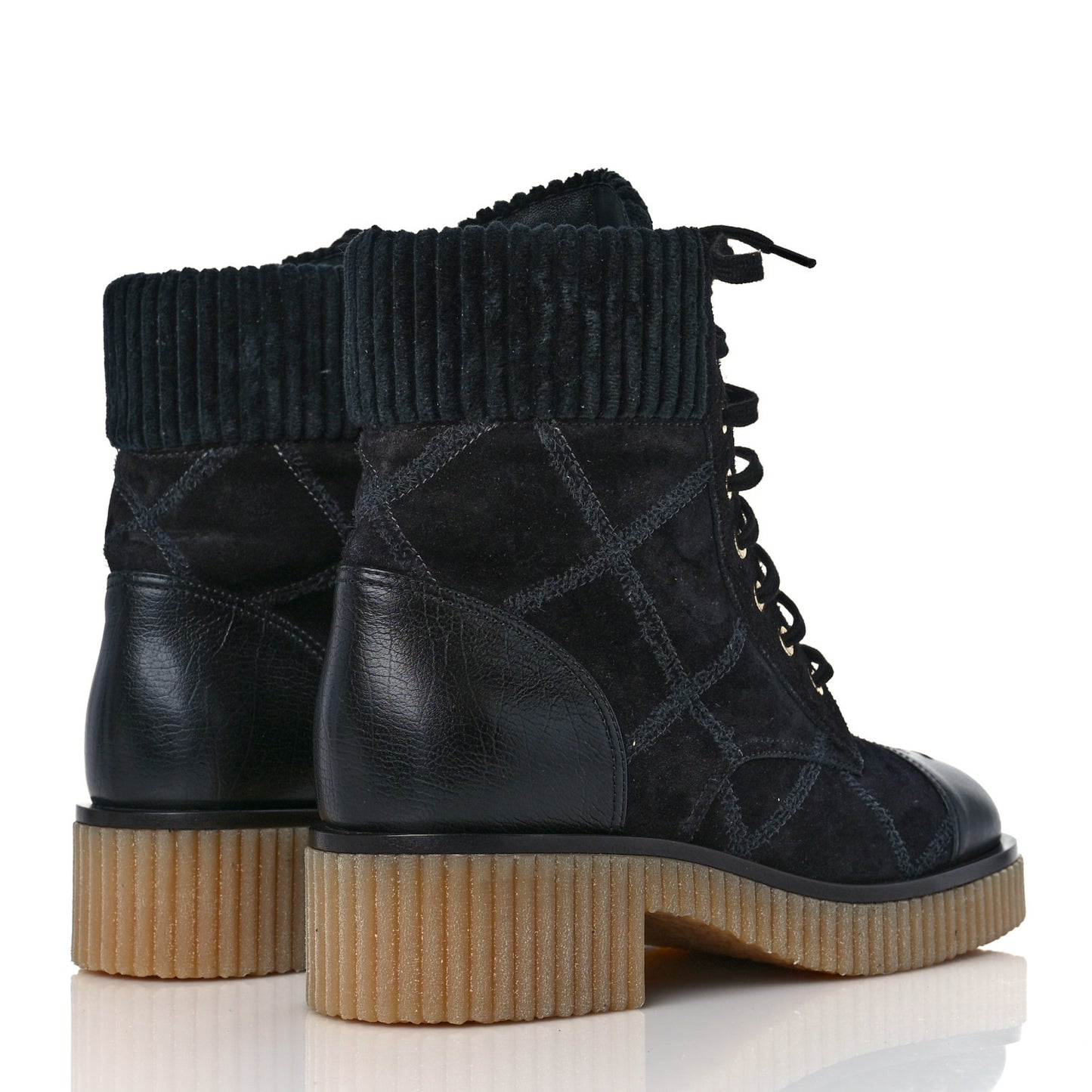 Suede Calfskin Velvet Quilted CC Combat Boots 38.5 Black