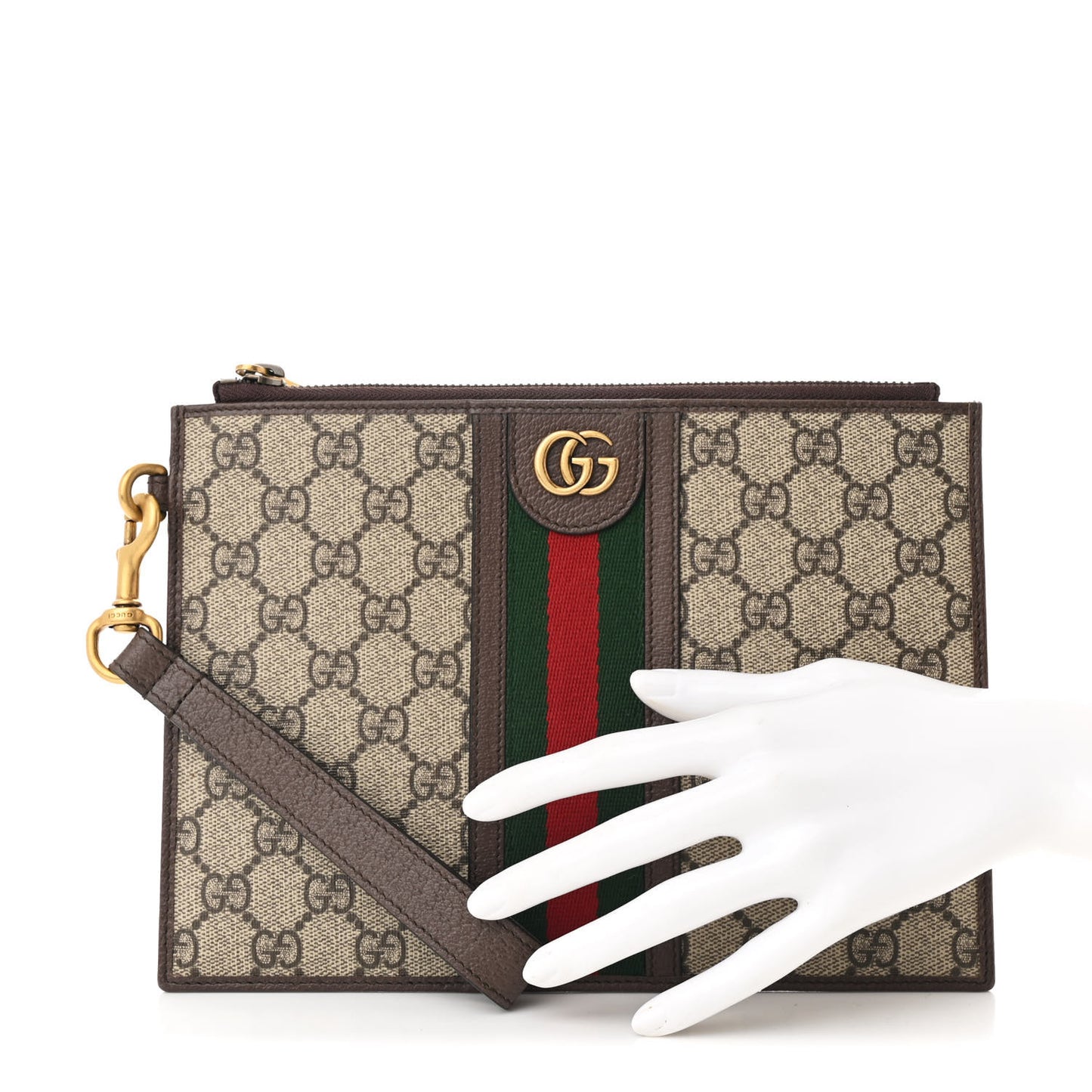 GG Supreme Monogram Web Ophidia Wristlet Pouch Brown