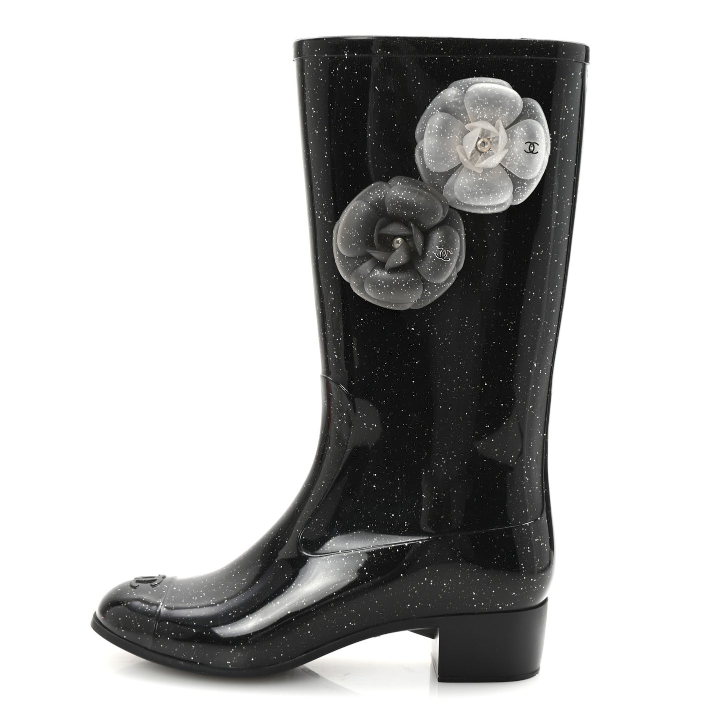 Rubber Glitter Camellia Rain Boots 37 Black