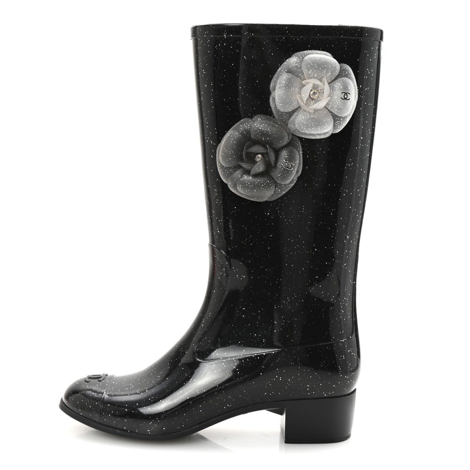 Chanel Rubber Glitter Camellia Rain Boots 37 Black 1 of 8