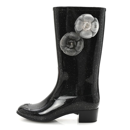 Chanel Rubber Glitter Camellia Rain Boots 37 Black 1 of 8
