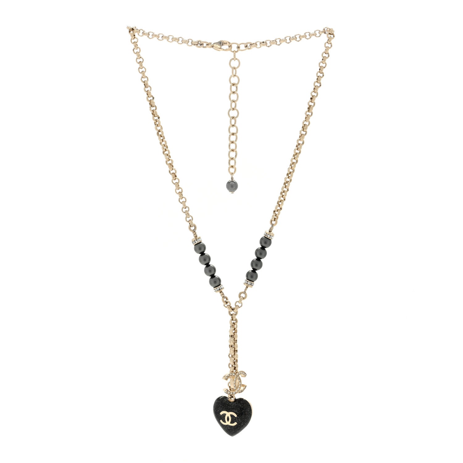Chanel Resin Crystal Bead CC Heart Necklace Black Gold 3 of 4