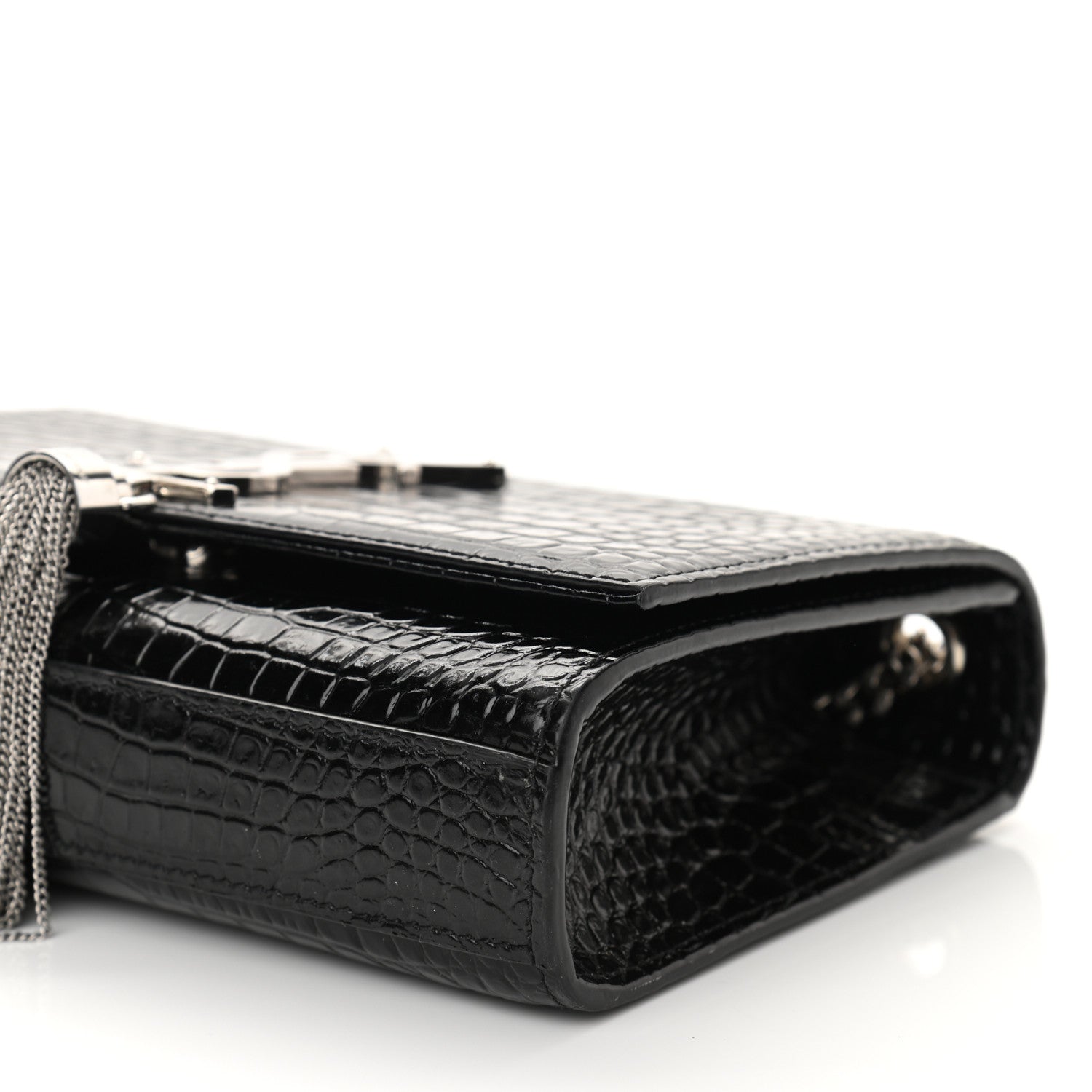 Saint Laurent Calfskin Crocodile Embossed Small Classic Monogram Kate Tassel Satchel Black 9 of 9