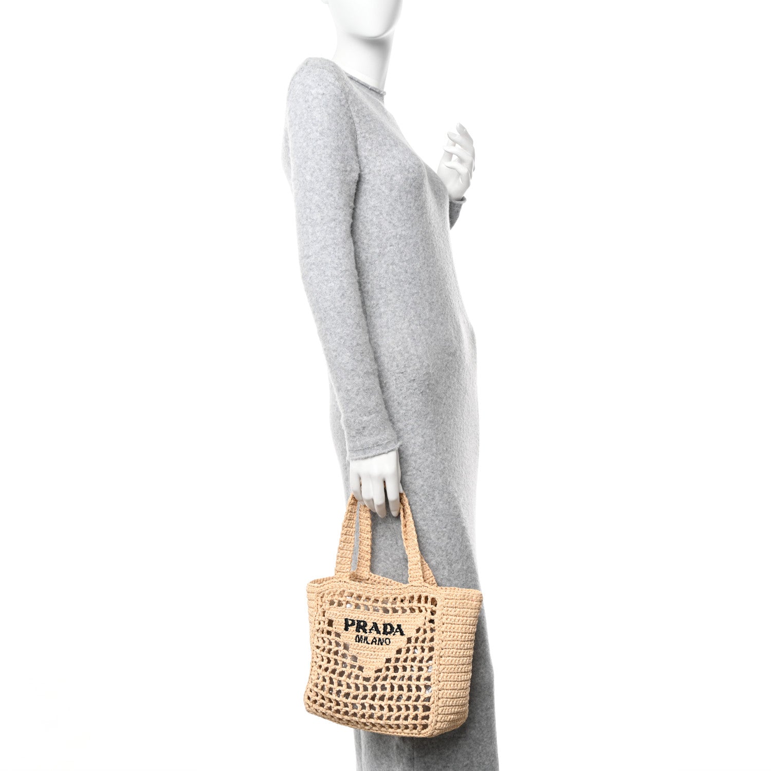 Prada Yarn Raffia Effect Crochet Logo Embroidered Small Tote Bag Naturale 2 of 10