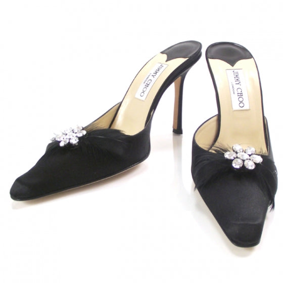 Jimmy Choo Satin Feather Crystal Slides 40 Black 1 of 7