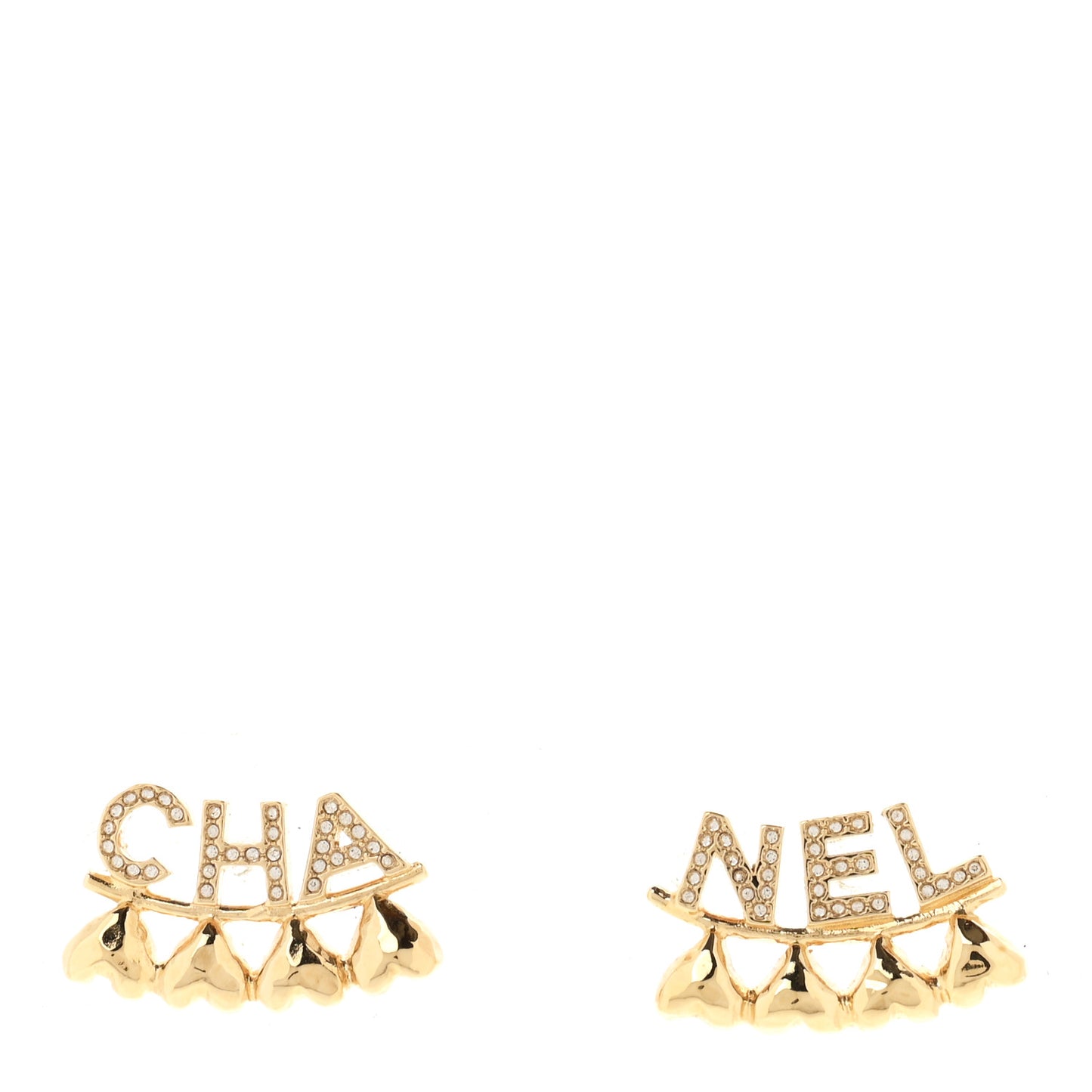 Crystal Heart Cha-Nel Logo Earrings Gold