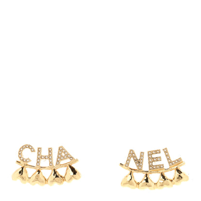 Chanel Crystal Heart Cha-Nel Logo Earrings Gold 1 of 4