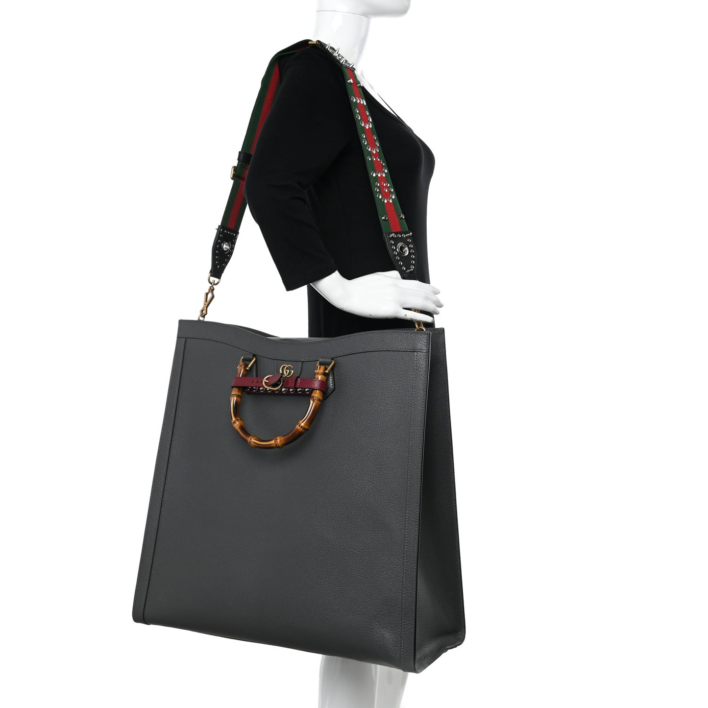 Textured Dollar Calfskin Web Studded Maxi Diana Tote Bag Graphite Grey