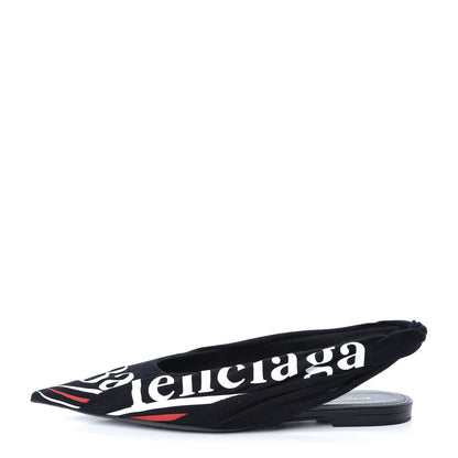 Balenciaga Jersey Crepe Political Campaign Logo Knife Pointed Slingback Flats 38 Black White Rouge 1 of 10