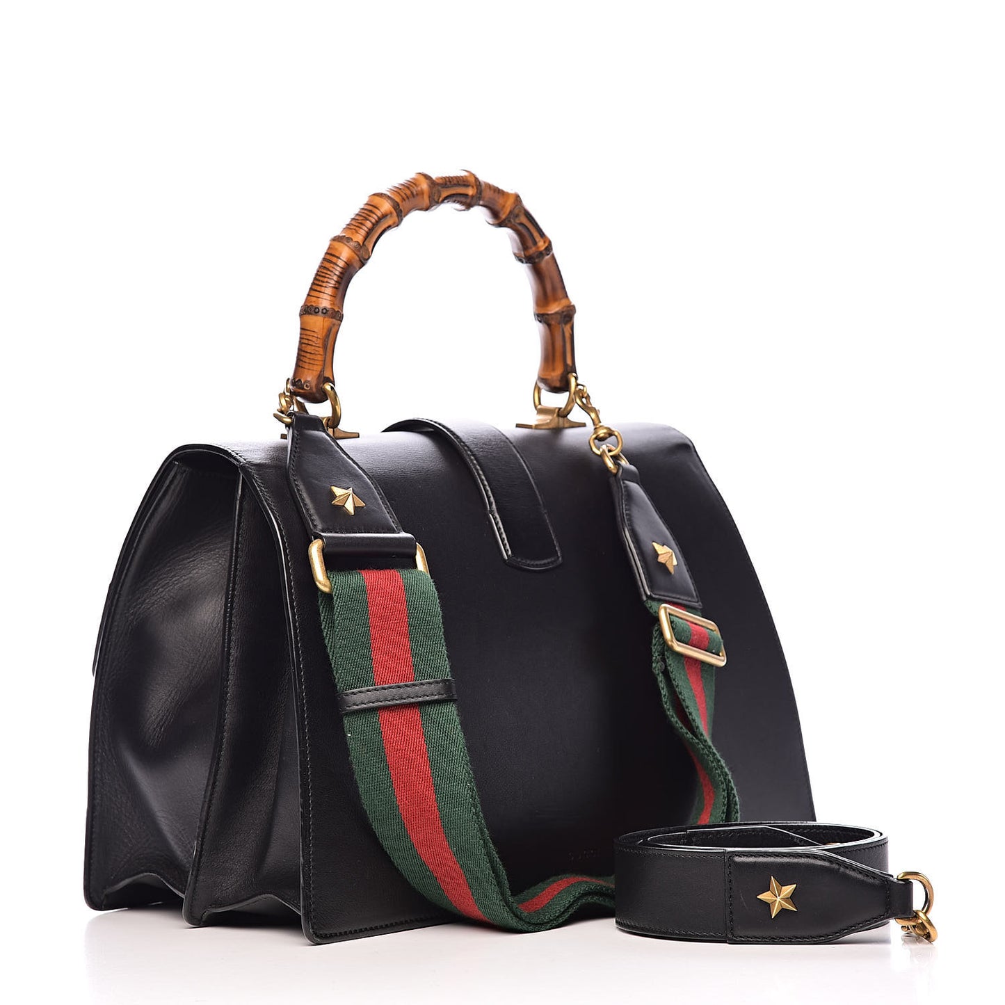 Calfskin Bamboo Web Large Dionysus Top Handle Bag Black Bright Evergreen Hibiscus Red