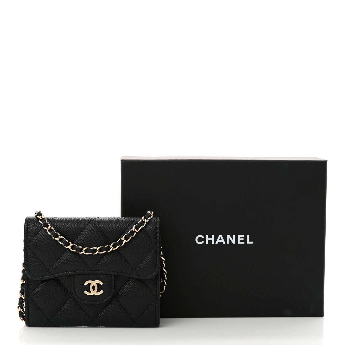 Caviar Quilted Flap Card Holder On Chain Black