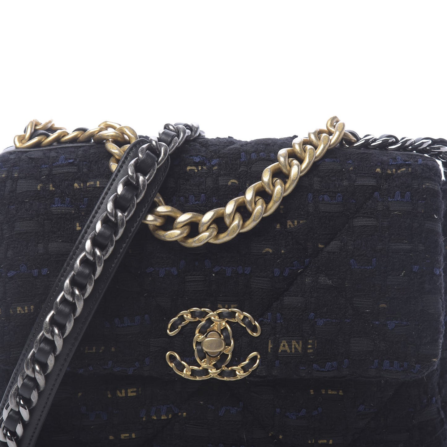 Tweed Quilted Medium 19 Flap Black Navy Gold