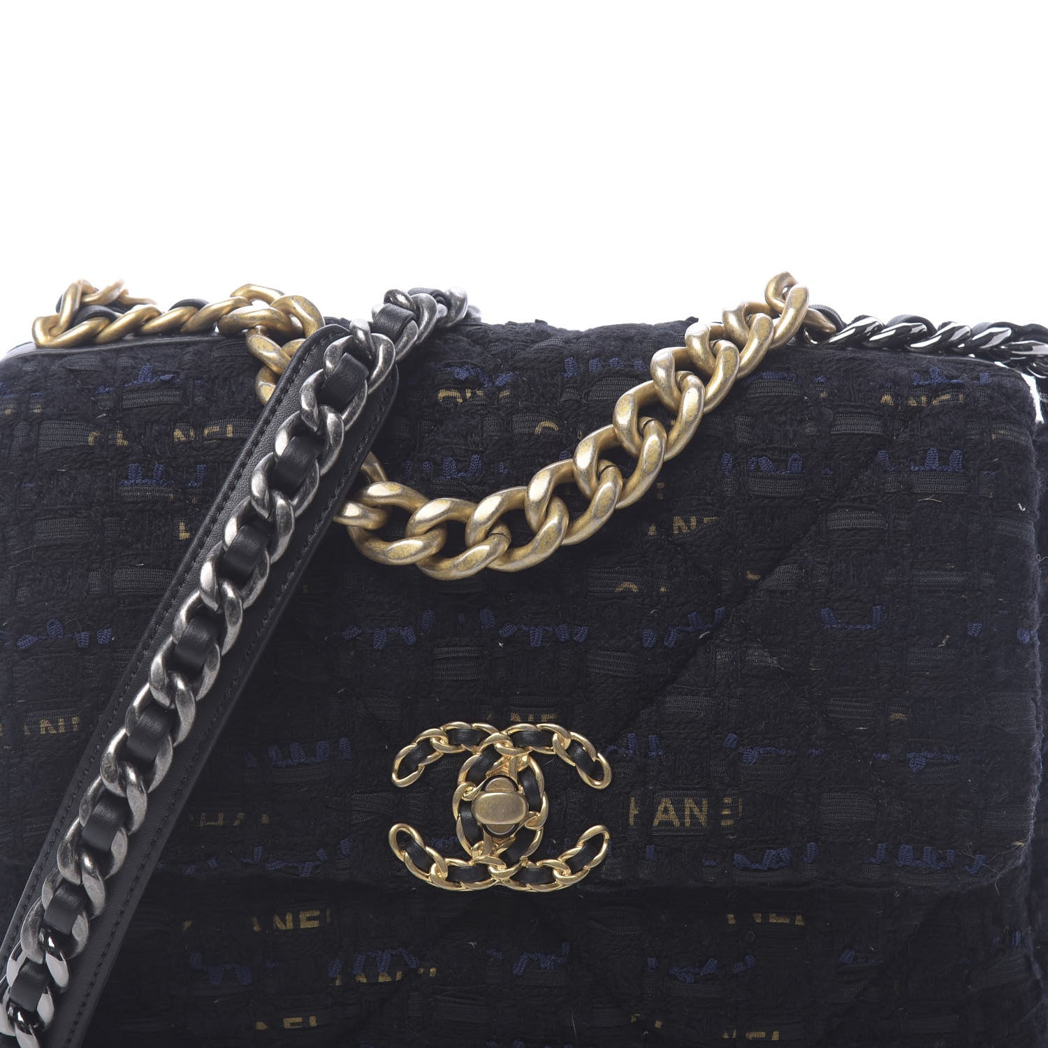 Chanel Tweed Quilted Medium 19 Flap Black Navy Gold 10 of 11