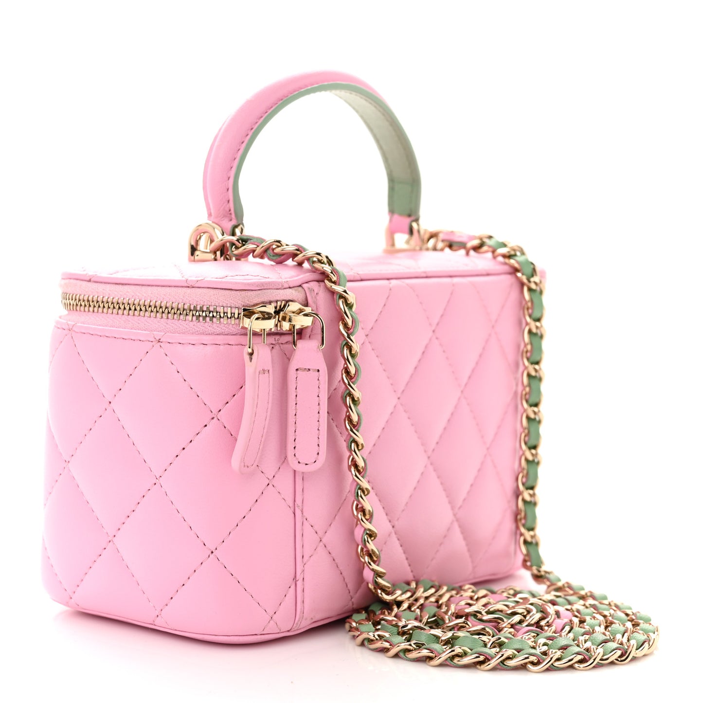 Lambskin Quilted Small Top Handle Vanity Case With Chain Lilac Light Green