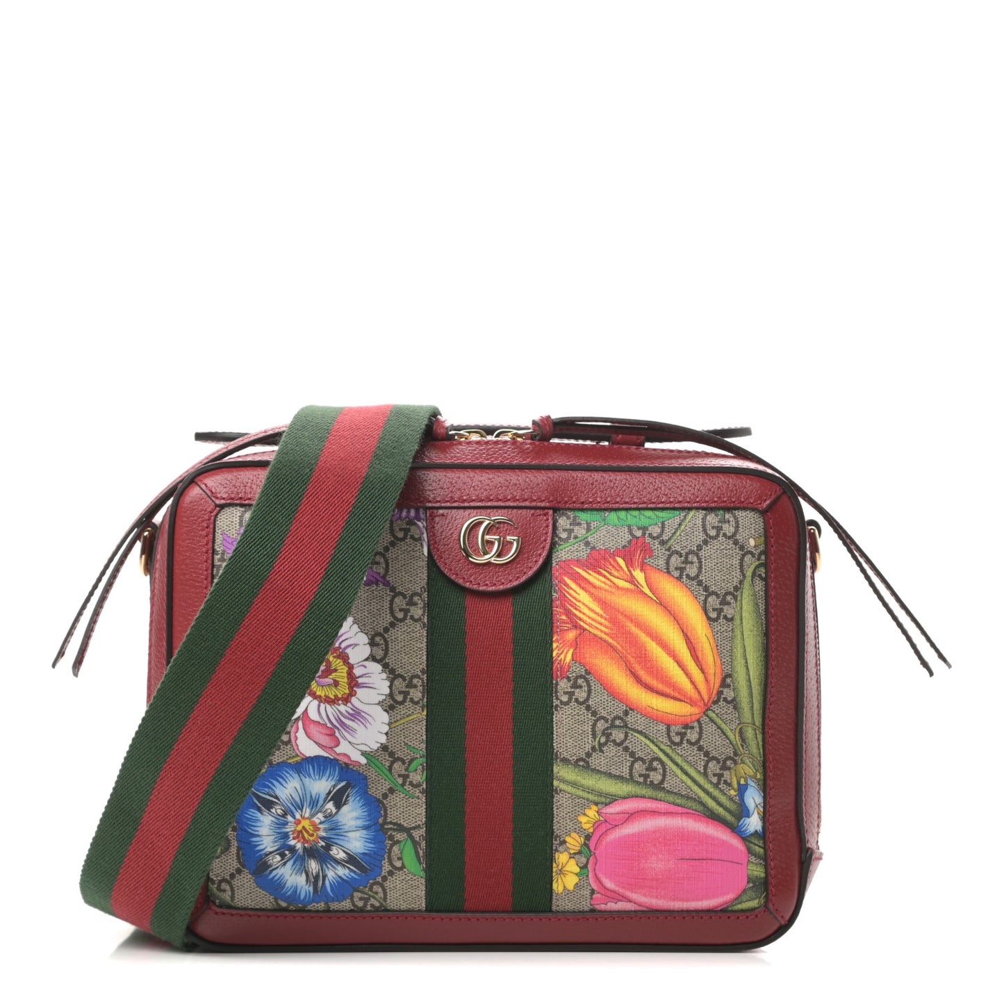 GG Supreme Monogram Flora Web Small Ophidia Top Handle Shoulder Bag Hibiscus Red