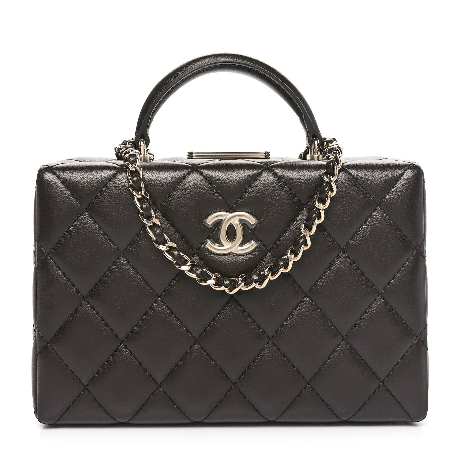Chanel Lambskin Quilted Small Top Handle Box Bag Dark Brown