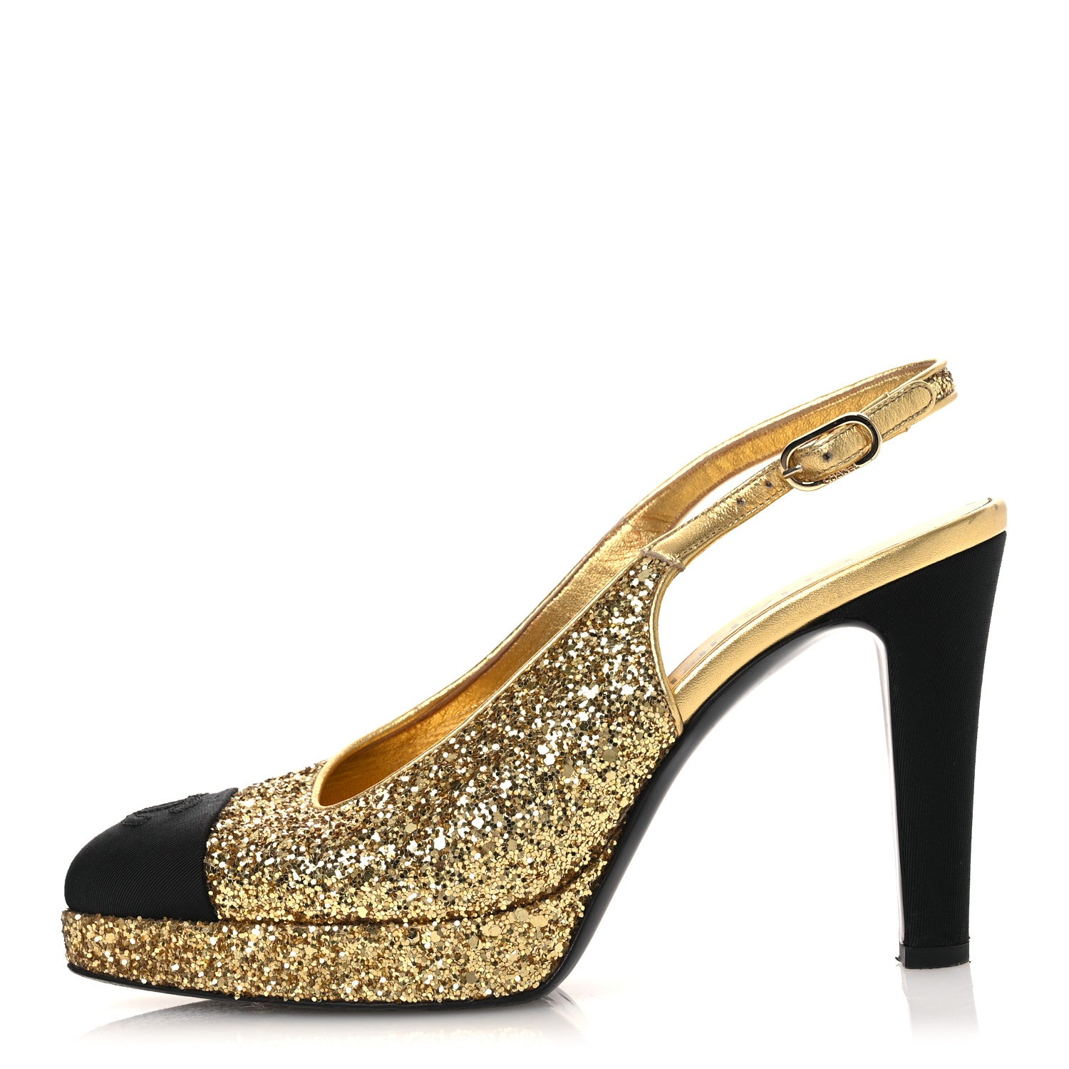 Chanel Glitter Grosgrain Cap Toe CC Slingback Pumps 38 Gold Black 1 of 13