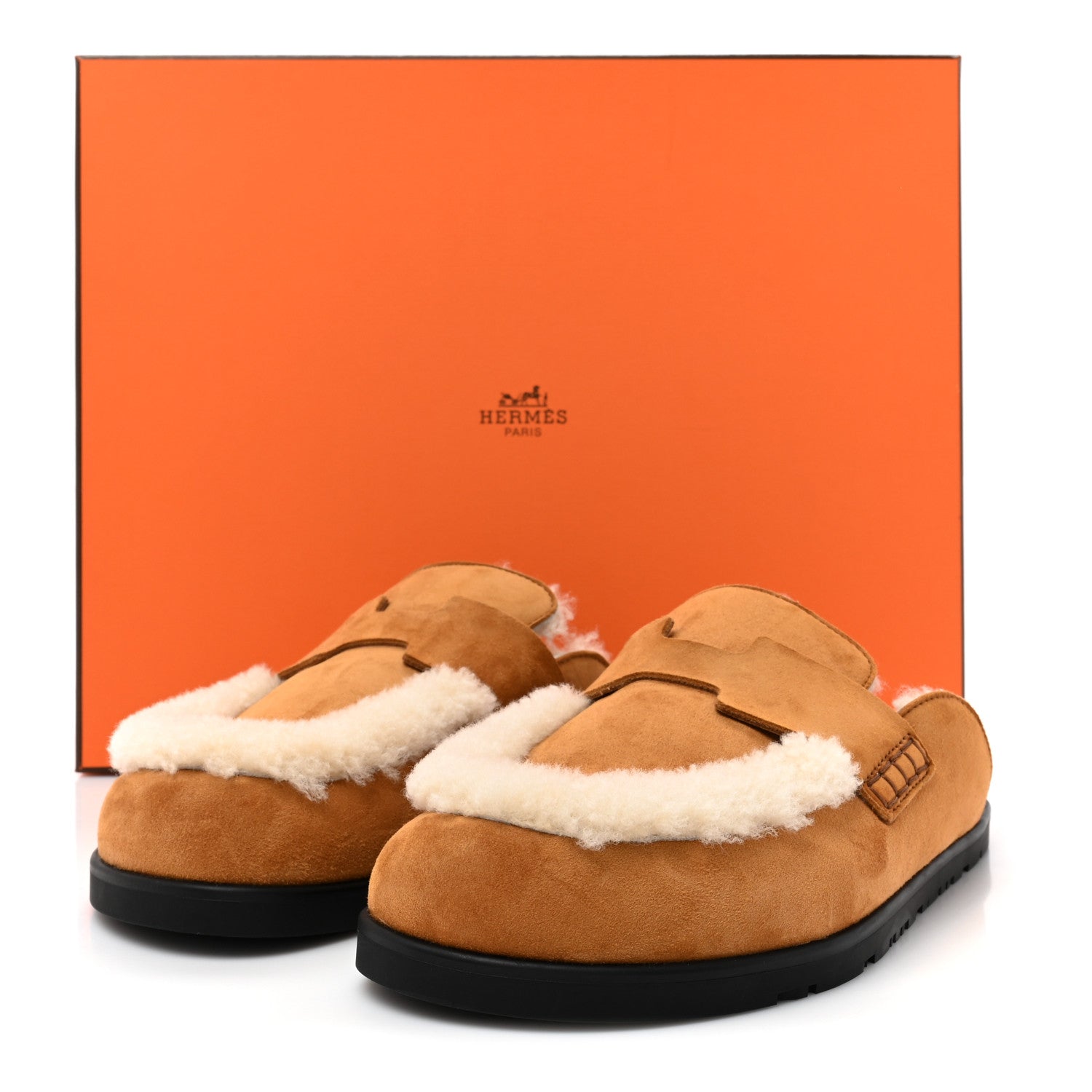 Hermes Suede Goatskin Shearling Go Mules 37.5 Beige Kraft Ecru 10 of 10